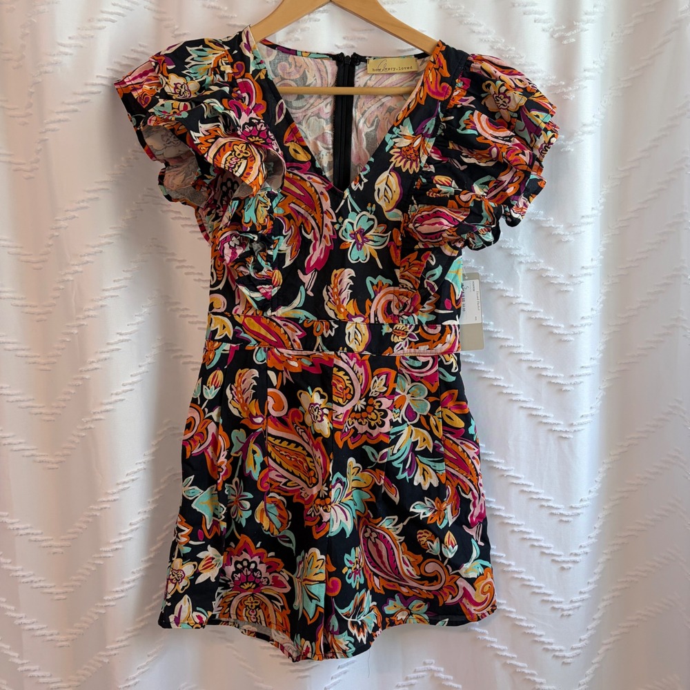 How Very Loved Lizard Thicket Paisley Floral Ruffle Romper Black Multi R20768 S